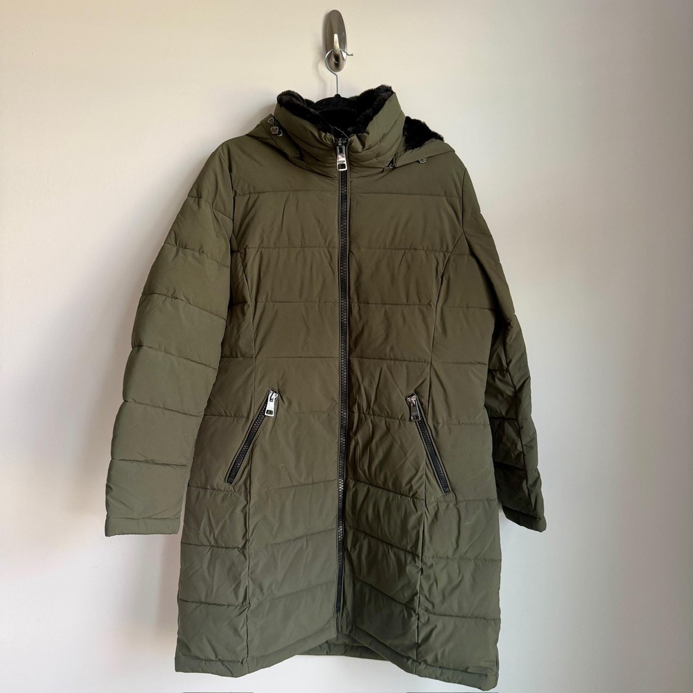 Andrew Marc Parka Womens Large Olive Green Stretch Hooded Puffer Faux Fur Lined